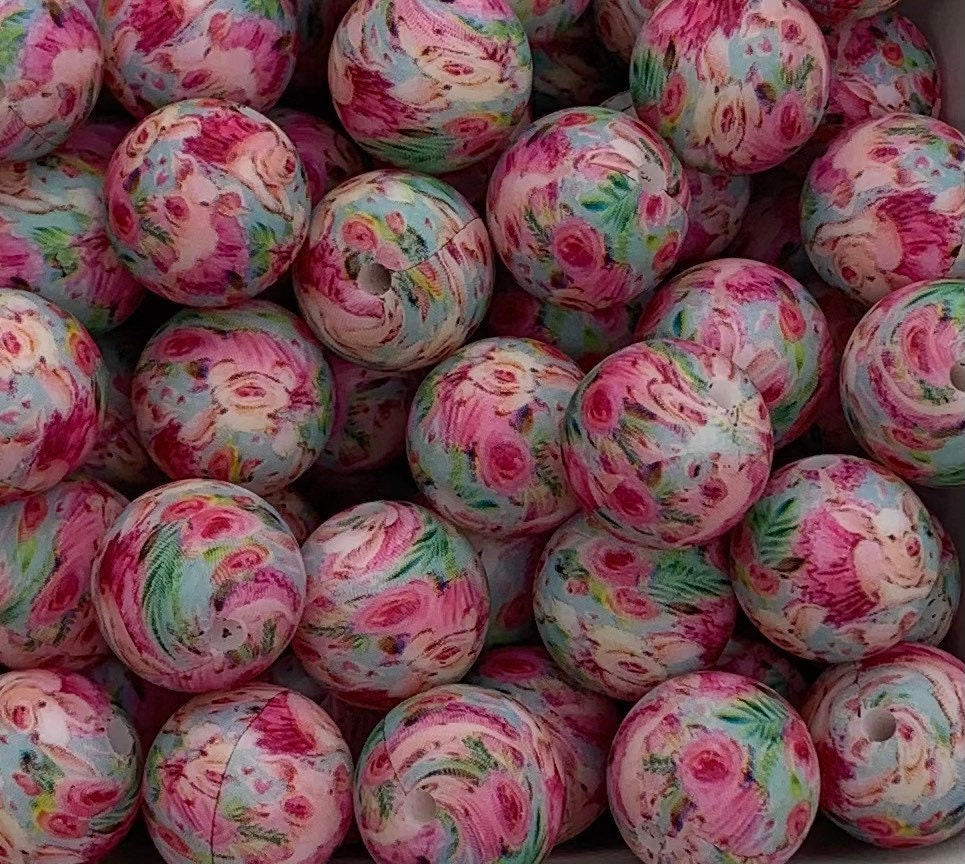 15mm Floral Garden Print Silicone Bead, Printed Silicone Beads