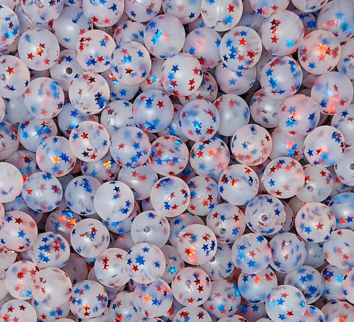 15mm Glitter USA Stars EXCLUSIVE **Non- Teething** Round Silicone Beads