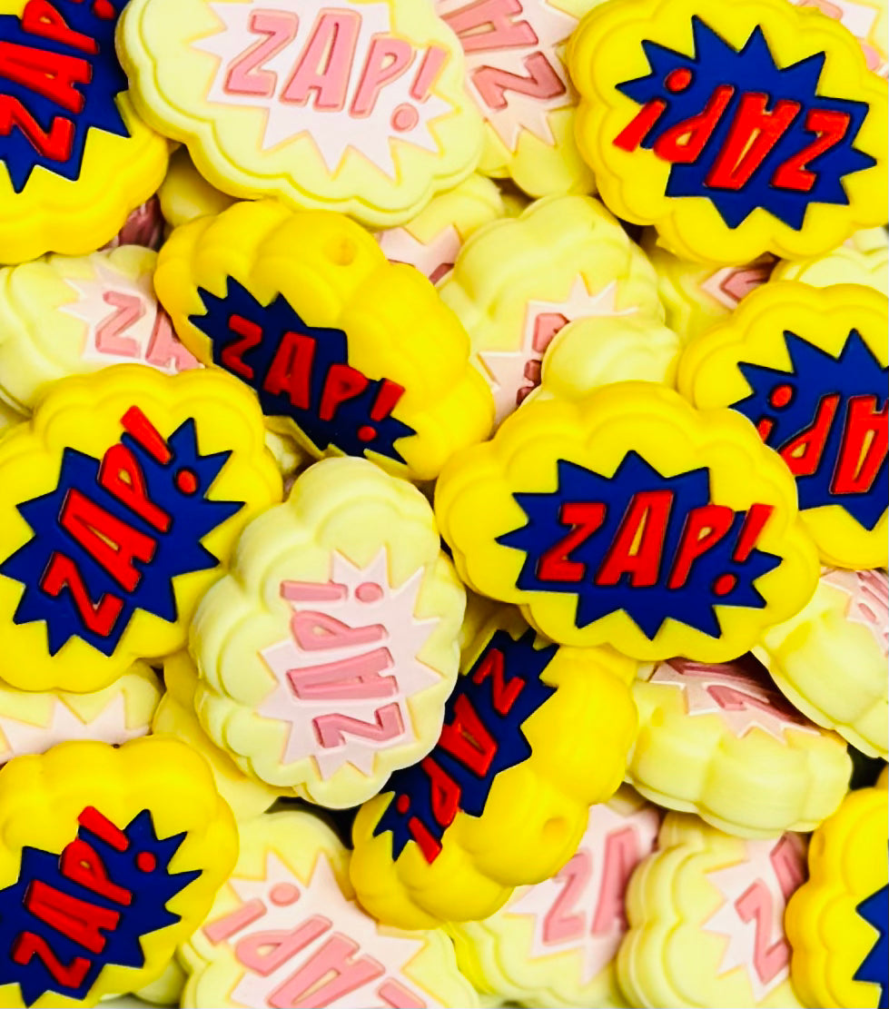 Discontinued- ZAP! Focal Bead, Super Hero Word Shape Silicone Bead