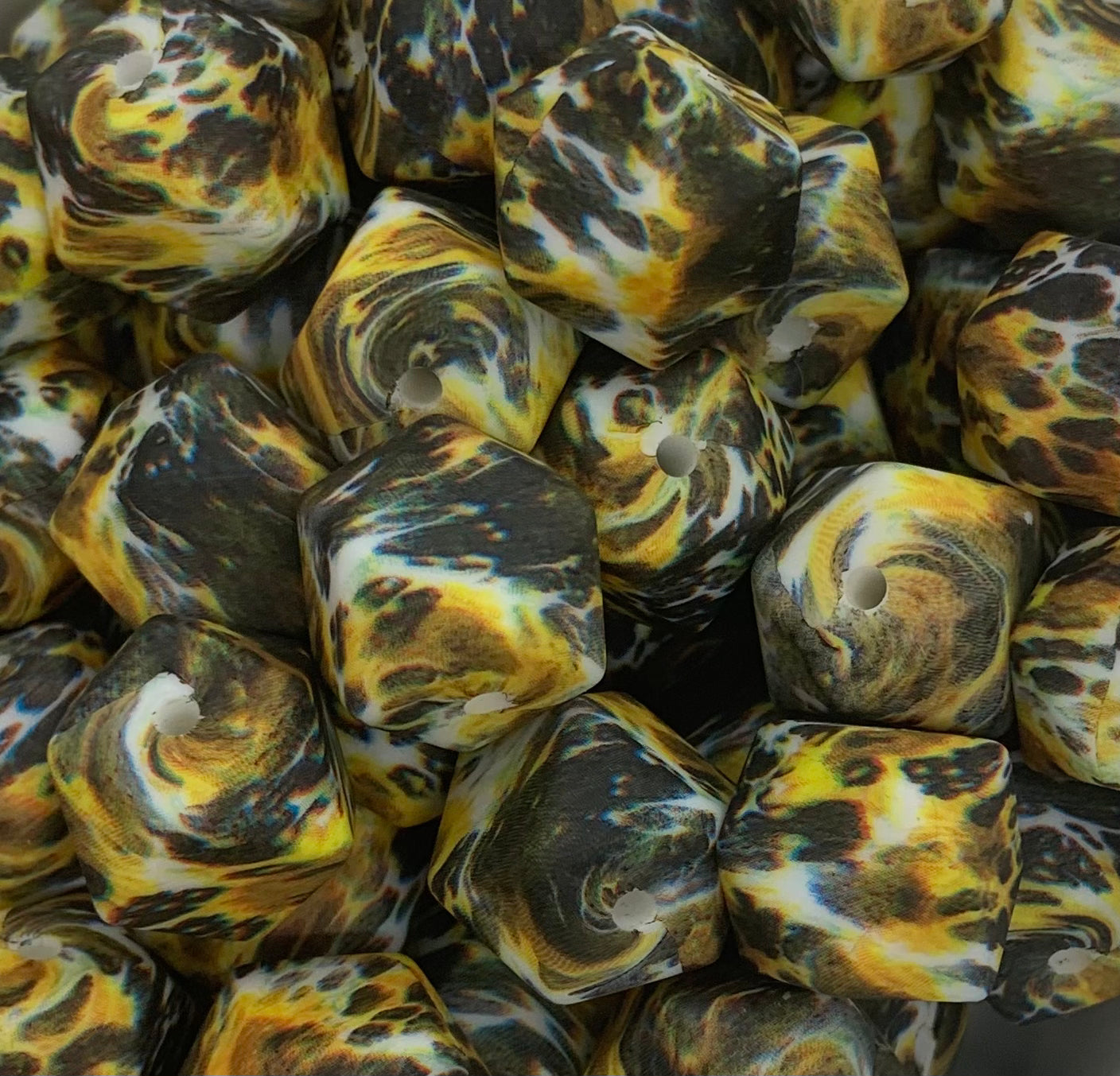 14mm Hexagon Yellow Cow EXCLUSIVE Animal Printed Silicone Beads