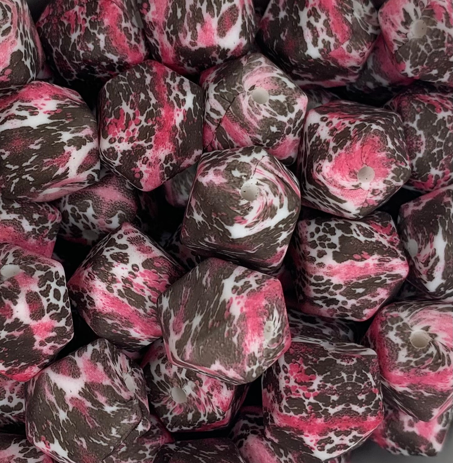 14mm Hexagon Pink Cow EXCLUSIVE Animal Printed Silicone Beads