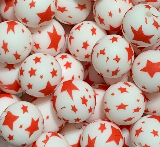15mm Print Red and White Stars Round Silicone Beads