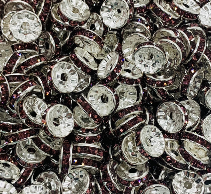 10mm Purple Rhinestone Spacer Bead-Pack of 10, Rondelle Spacer Bead