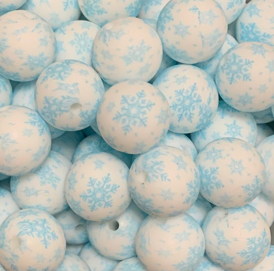 15mm Print Blue Snowfall EXCLUSIVE Round Silicone Beads