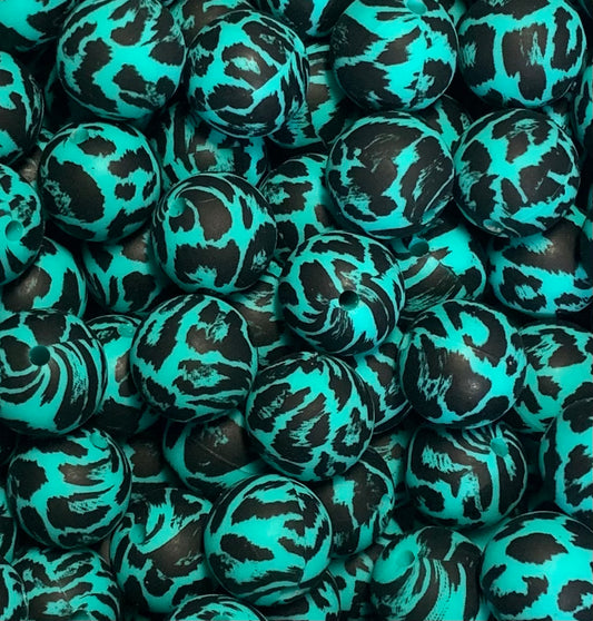 15mm Print Turquoise Snow Leopard EXCLUSIVE Round Silicone Beads