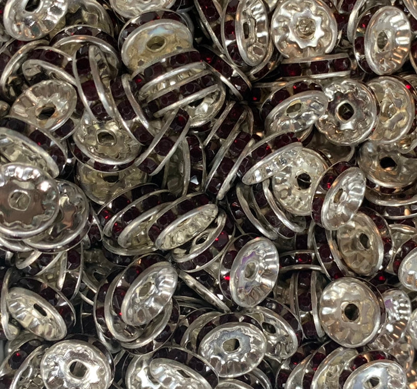 10mm Dark Red Rhinestone Spacer Bead- Pack of 10, Rondelle Spacer Bead