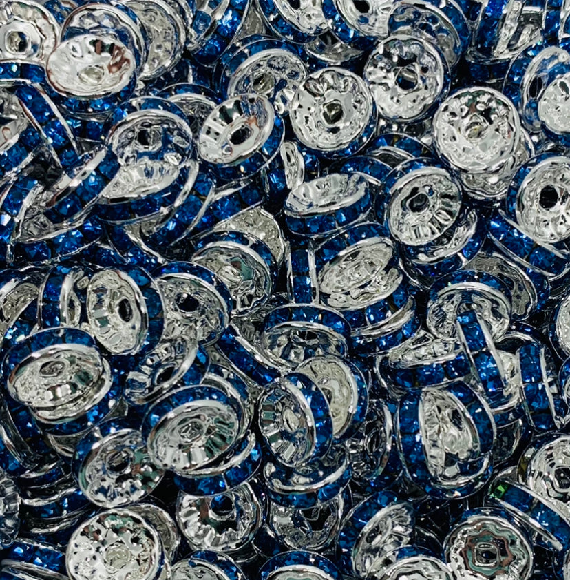 10mm Blue Rhinestone Spacer Bead-Pack of 10, Rondelle Spacer Bead
