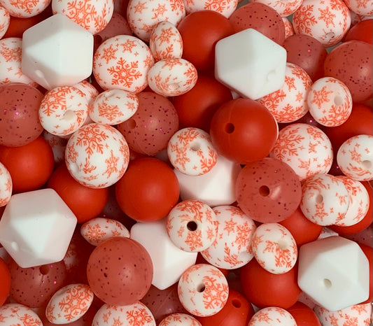 Bead Mix - Red Snowfall Mix , 15mm Round Silicone Bead Mix