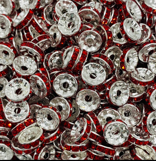 *10mm Red Rhinestone Spacer Bead-Pack of 10, Rondelle Spacer Bead