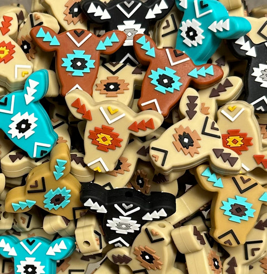 W- Aztec Ollie the Cow Silicone Focal Bead, Longhorn Cow Silicone Bead, Animal Shape Silicone Bead, Farm Focal