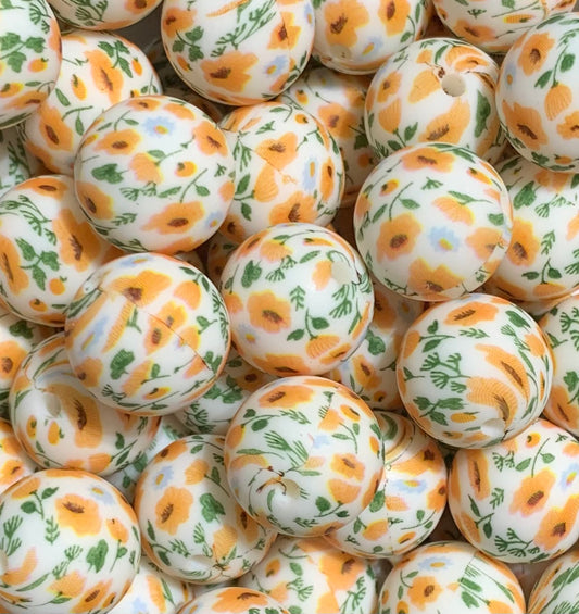 15mm Print Orange Blossoms Round Silicone Beads, Flower Silicone Bead
