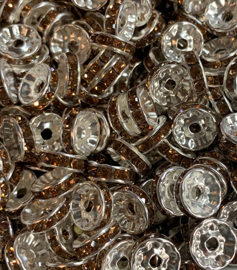 *10mm Cafe Brown Rhinestone Spacer Bead-Pack of 10, Rondelle Spacer Bead