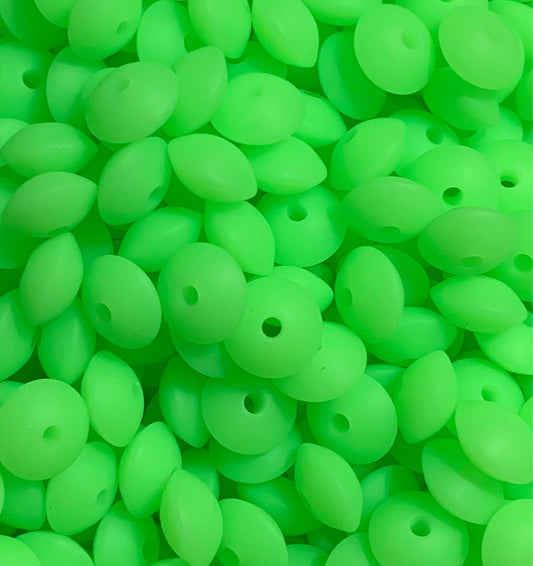 12mm Lentil Green GLOW in the Dark Silicone Bead
