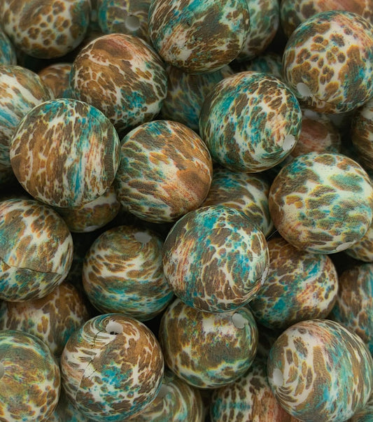 15mm Print Turquoise Cow EXCLUSIVE Round Silicone Beads