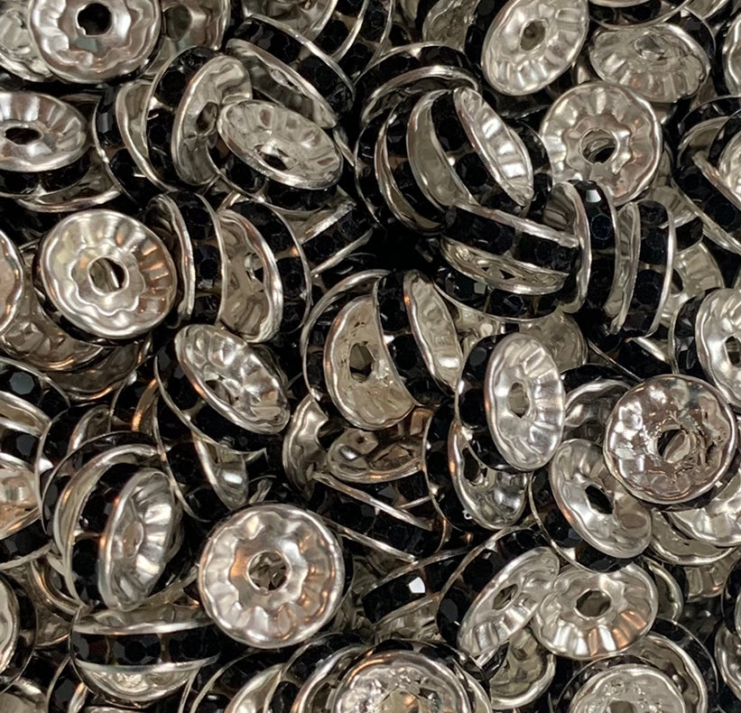 *10mm Black Rhinestone Spacer Bead- Pack of 10, Rondelle Spacer Bead
