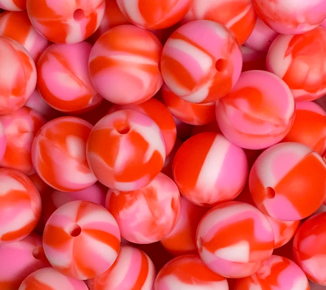 15mm Pink & Red Swirl Silicone Beads