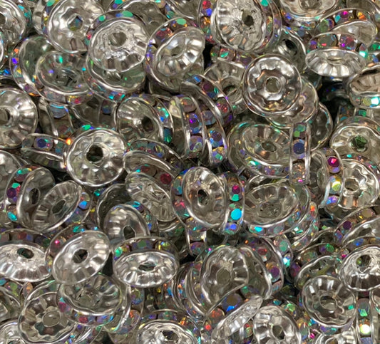 *10mm Rainbow Silver Rhinestone Spacer Bead - Pack of 10, Rondelle Spacer Bead