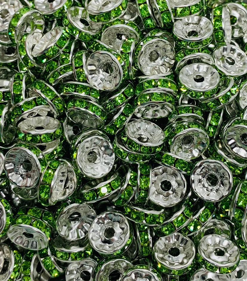 *10mm Green Rhinestone Spacer Bead- Pack of 10, Rondelle Spacer Bead