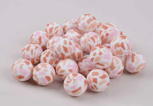 15mm Print Boho Moo Round Silicone Beads, Animal Print Beads
