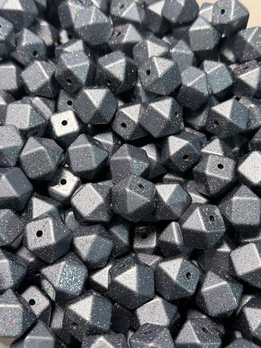 14mm HEXAGON Glitter GREY Galaxy Silicone Beads