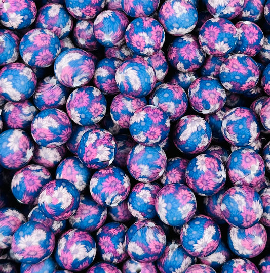 15mm Print Blue Raspberry Bouquet Silicone Beads