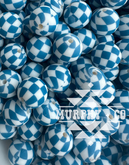 15mm Print Blue Checker *Murphy EXCLUSIVE* Round Silicone Beads