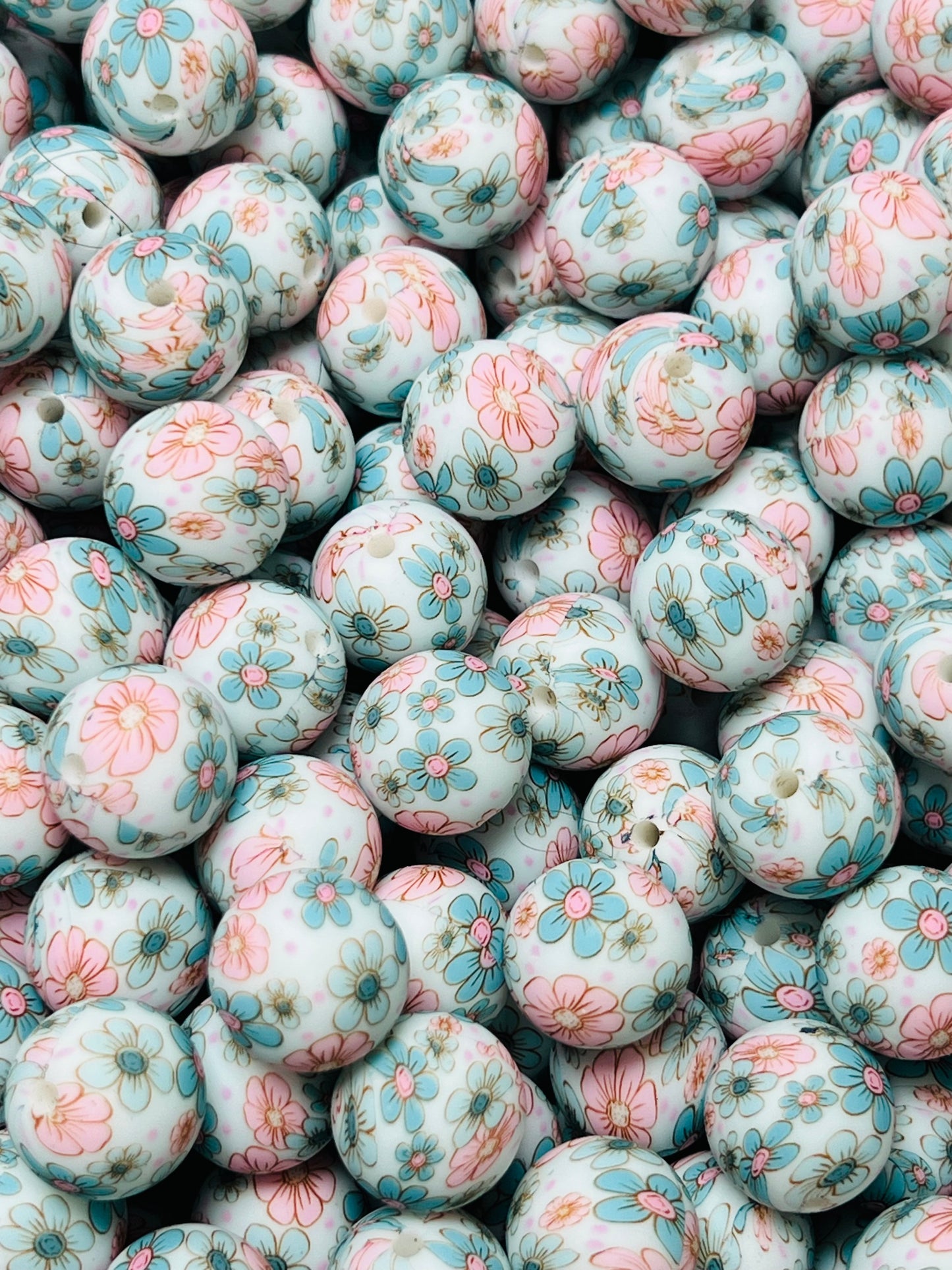 15mm Print Pastel Daisies EXCLUSIVE Round Silicone Beads, Flower Silicone Bead