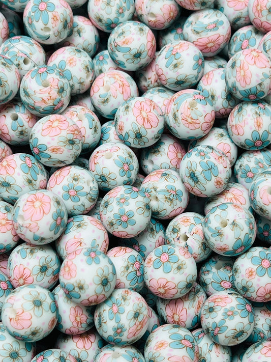 15mm Print Pastel Daisies EXCLUSIVE Round Silicone Beads, Flower Silicone Bead