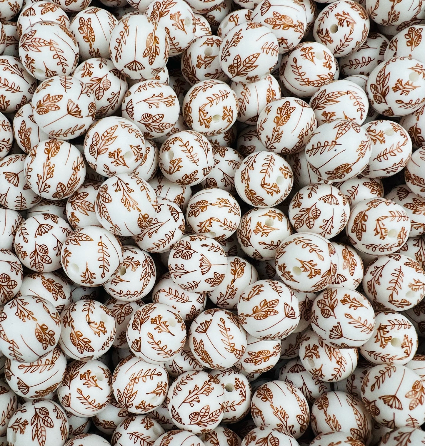 15mm Print Brown Leaves Round Silicone Beads