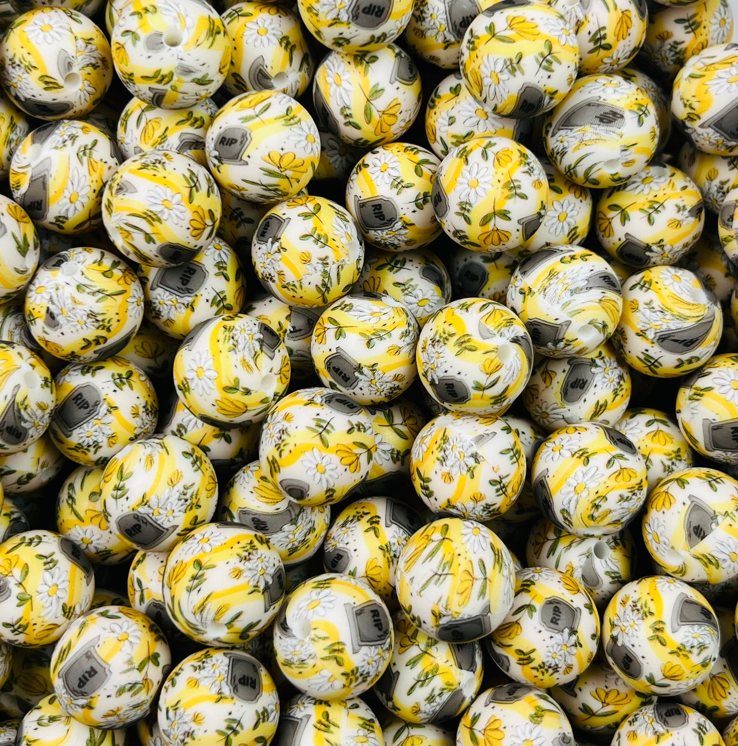 15mm Print Graveyard Daisy Round Silicone Beads, Halloween Print Beads