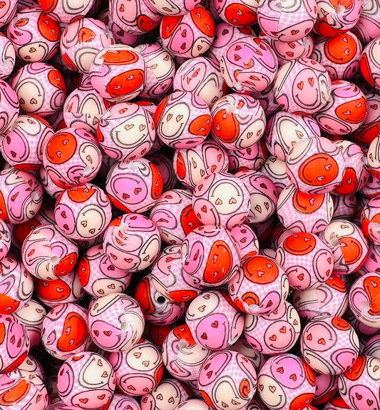 15mm Print Valentine Checkers EXCLUSIVE Round Silicone Beads