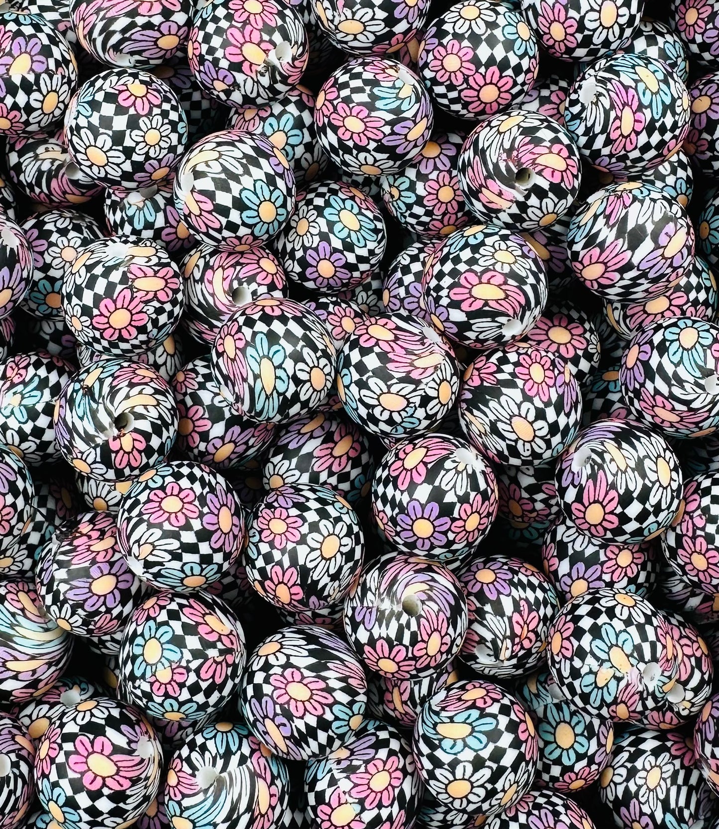 15mm Print Checkered FLOWERS Round Silicone Beads