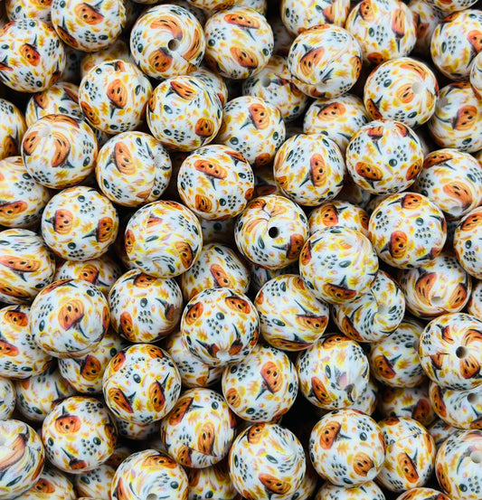 15mm Print Witchy Jack Round Silicone Beads, Halloween Print Beads