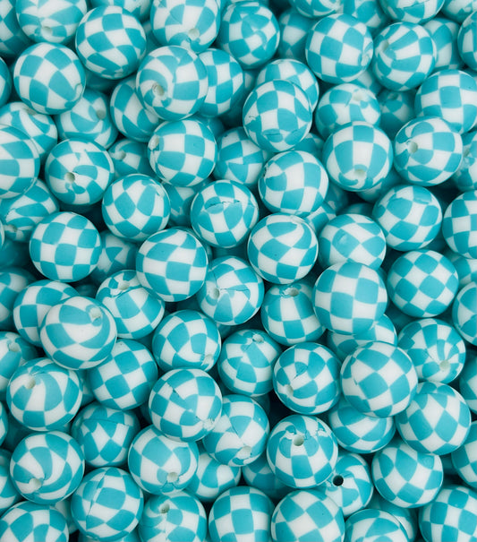 15mm Print Turquoise Checker EXCLUSIVE Round Silicone Beads