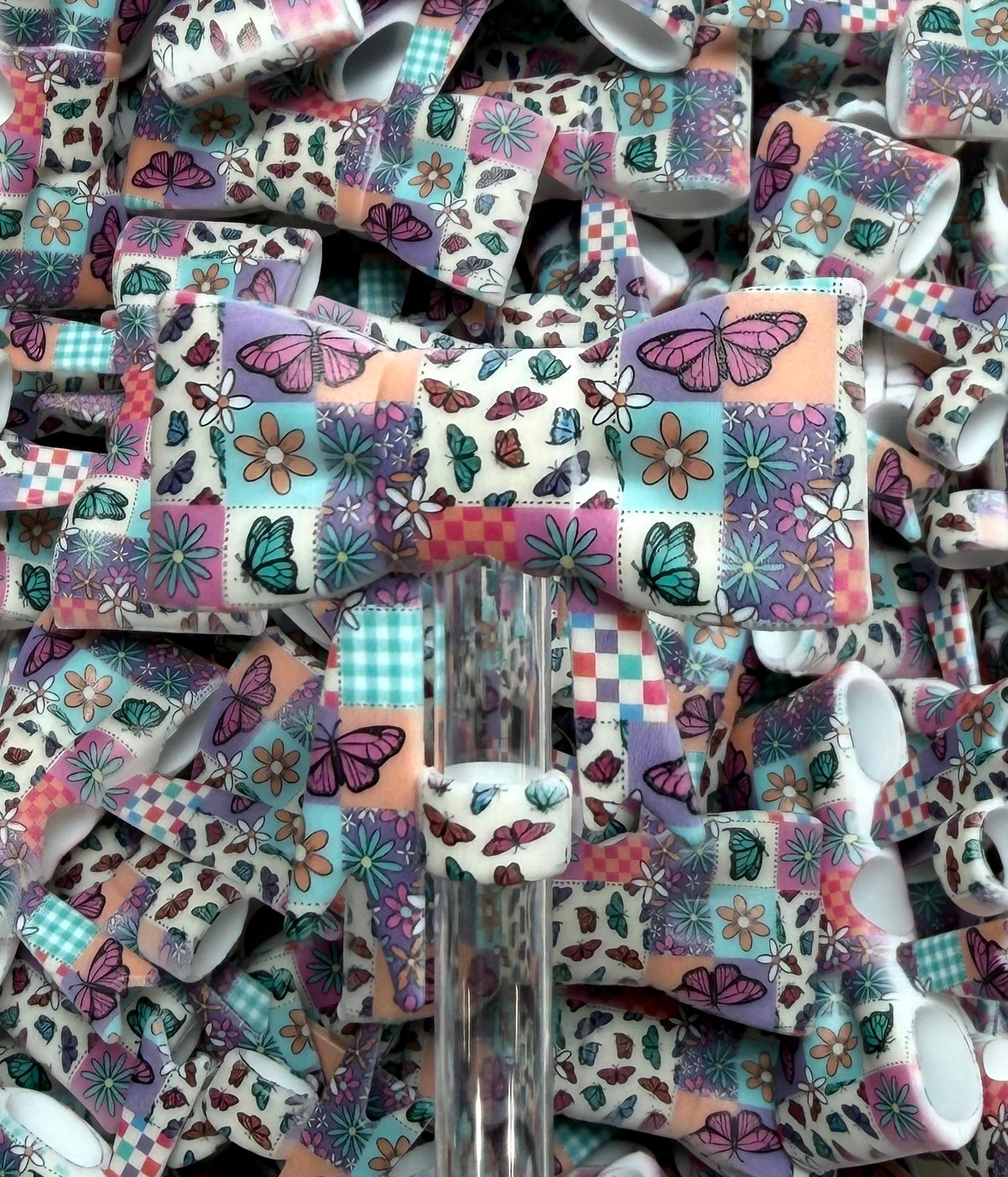 Y- Straw Topper - BUTTERFLY Patchwork Printed Bow, Tumbler Accessory