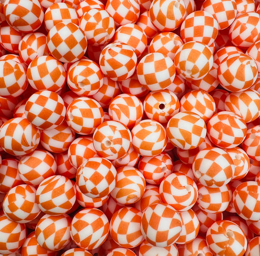 15mm Print Orange Checker EXCLUSIVE Round Silicone Beads