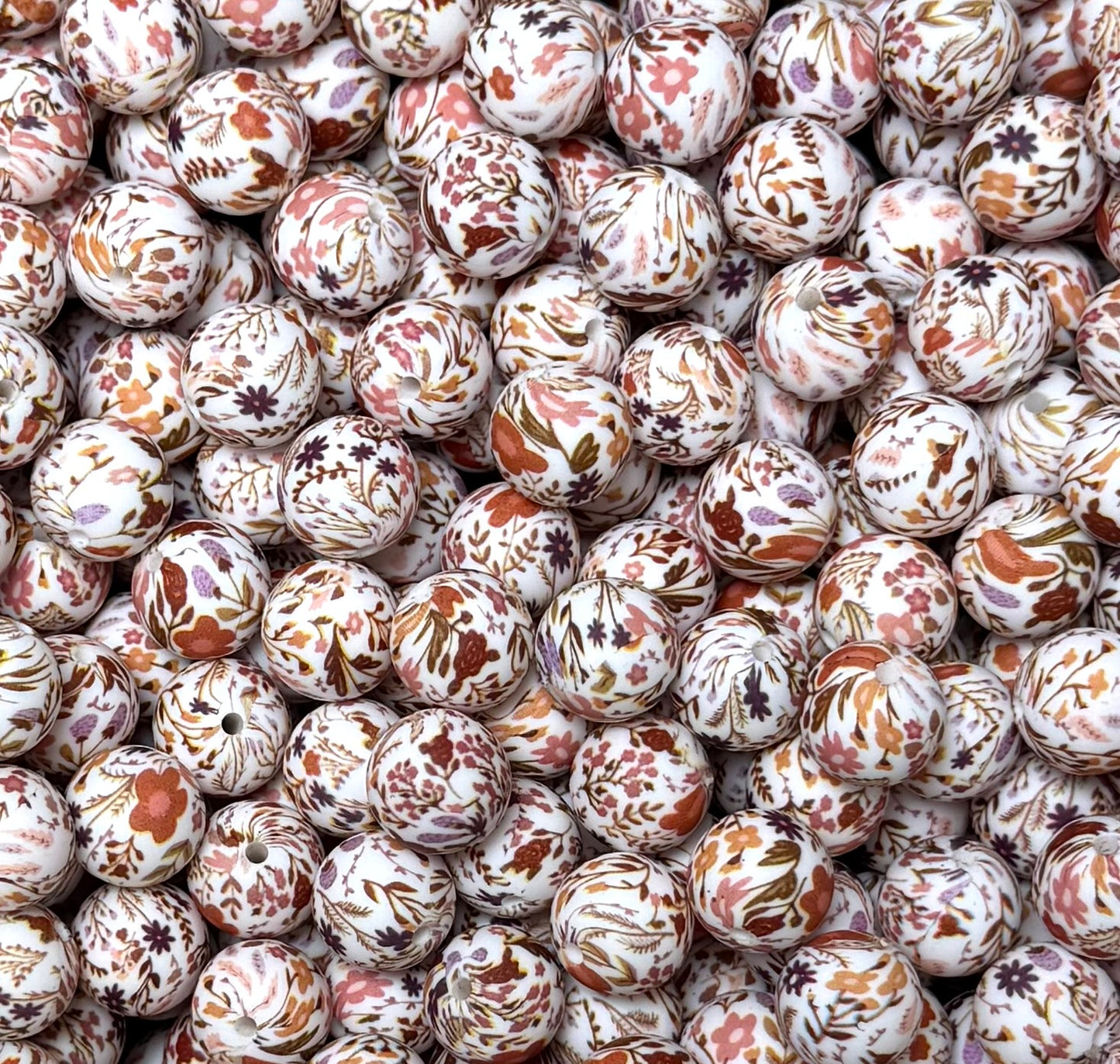 15mm Print Harvest Blooms Round Silicone Bead, Flower Silicone Bead