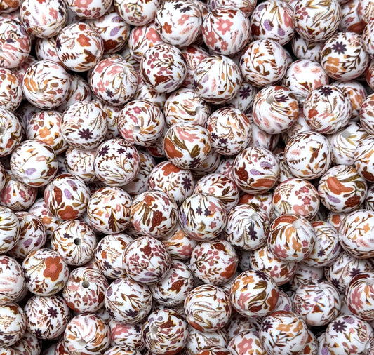 15mm Print Harvest Blooms Round Silicone Bead, Flower Silicone Bead