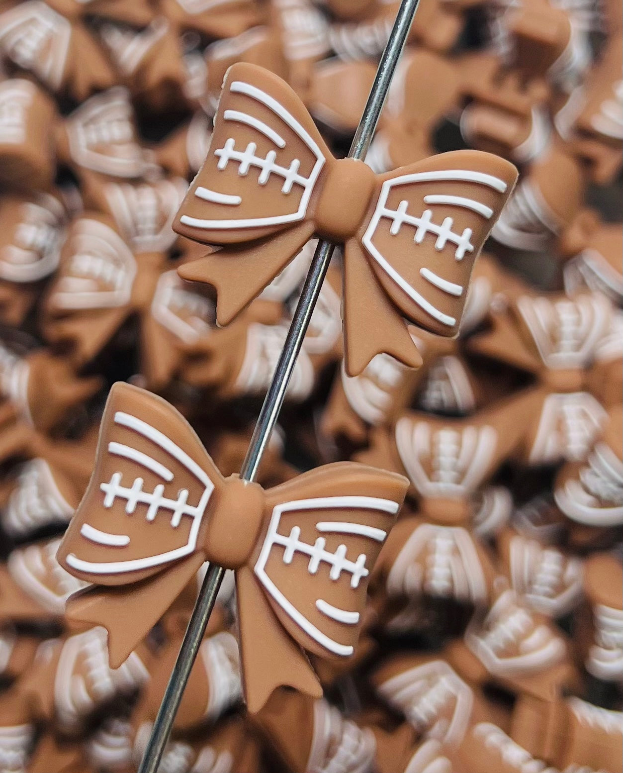 P- Puffy Football Bow Silicone Focal Bead, Ribbon Silicone Bead, Bow Shape Silicone Bead, Sports Silicone Bead