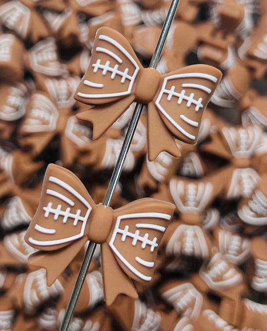 P- Puffy Football Bow Silicone Focal Bead, Ribbon Silicone Bead, Bow Shape Silicone Bead, Sports Silicone Bead