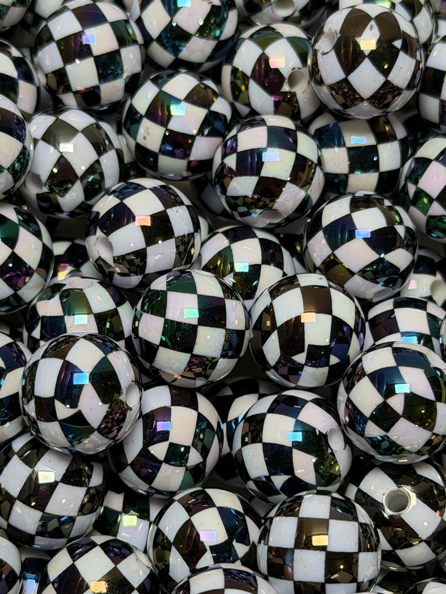 16mm Black Checker Round ACRYLIC Beads