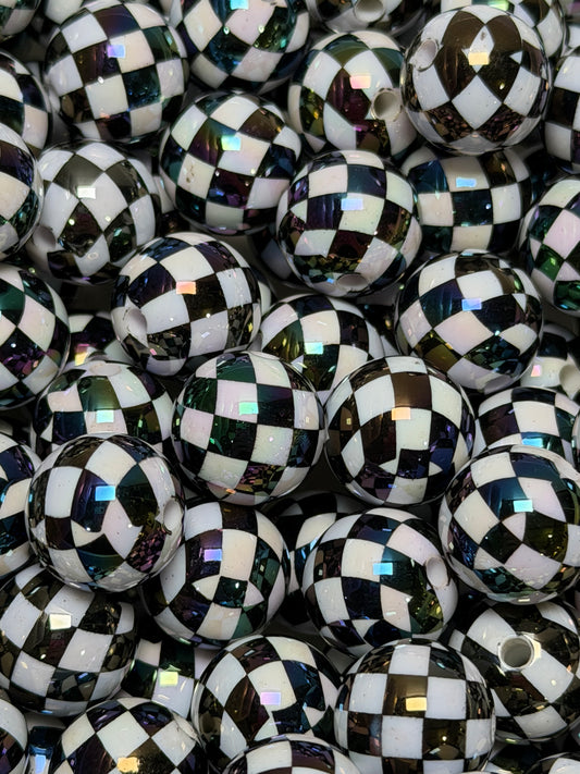 16mm Black Checker Round ACRYLIC Beads