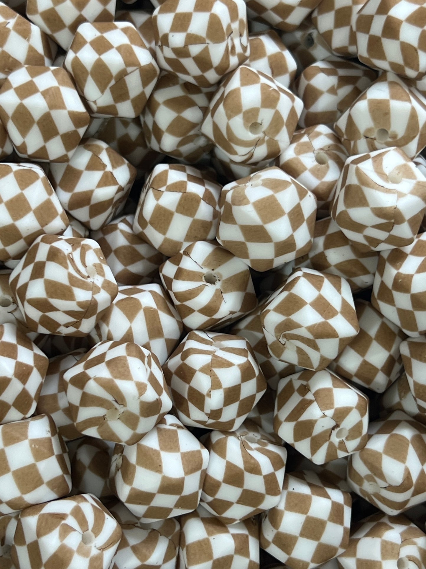 14mm HEXAGON Print Brown Checkered Flag EXCLUSIVE Printed Silicone Beads