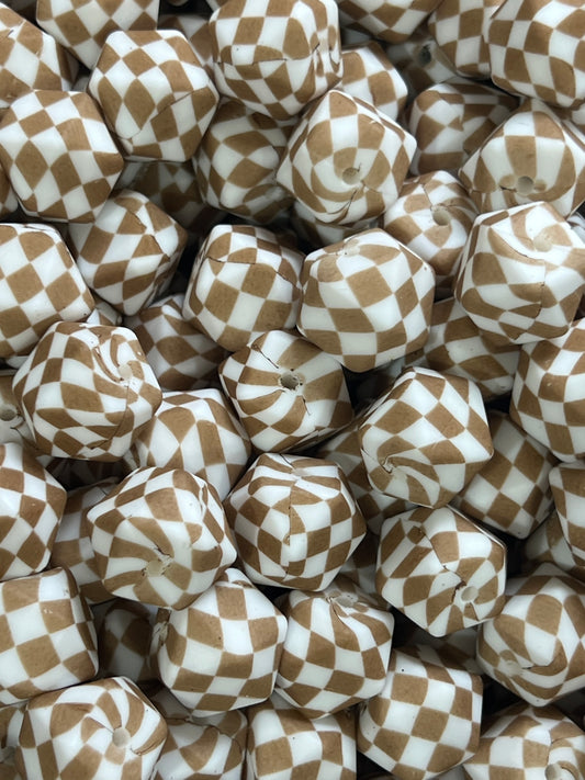 14mm HEXAGON Print Brown Checkered Flag EXCLUSIVE Printed Silicone Beads