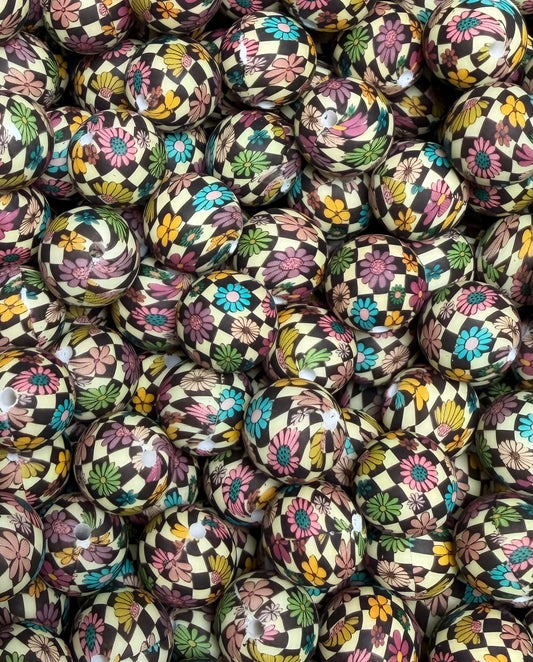 15mm Print Vintage CHECKER Flowers EXCLUSIVE Round Silicone Beads