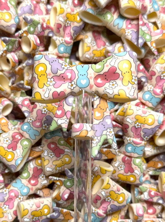 Y- Straw Topper - Colorful Bunnies Printed Bow, Tumbler Accessory