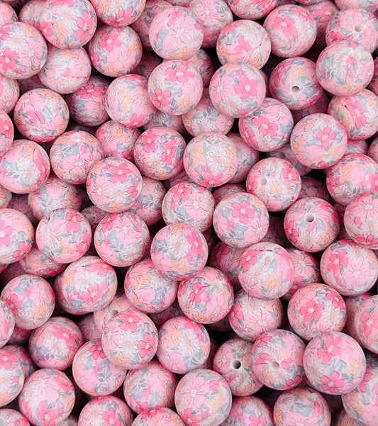 15mm Print Pink Wildflowers Round Silicone Beads