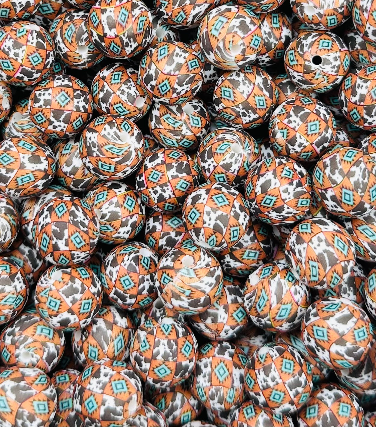 15mm Print Western Patchwork Round Silicone Beads, Western Print Beads