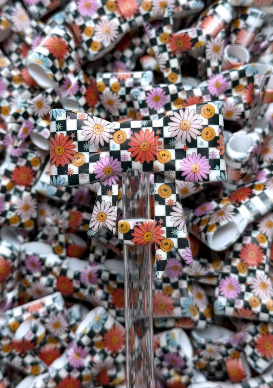 Y- Straw Topper - Checker Flowers Printed Bow, Tumbler Accessory