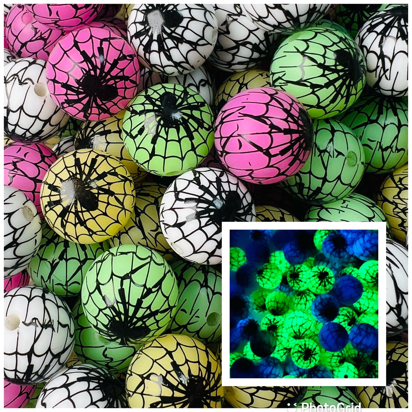 15mm Print GLOW Spider Web Round Silicone Beads, Halloween Print Beads